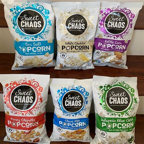 Sweet chaos popcorn - Sweet Chaos is like a well-deserved sigh of pure relief – a delightful break in your day or, as we like to say, delightfully disruptive. While our flavor may not always be sweet (like candy), our delivery is always sweet (as in awesome). We hand POP our NON-GMO kernels in coconut oil for a creamy richness. Then we add spooky black and orange ... 